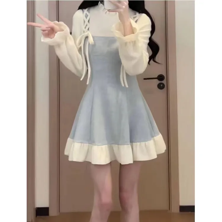 小个子甜美短裙秋冬收腰显瘦小众设计感撞色拼接假两件套连衣裙女
