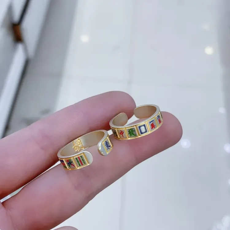 足银戒指 珐琅彩描金麻将纯银戒指 个性小众男士女士银戒尾戒