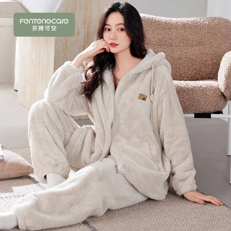 芬腾可安珊瑚绒睡衣女冬季加绒加厚款大码连帽冬天可外穿家居服