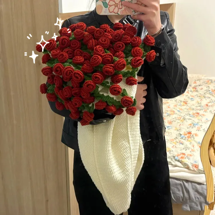 玫瑰花束毯子毛线钩针编织材料包diy手工钩织毛毯送女友礼物