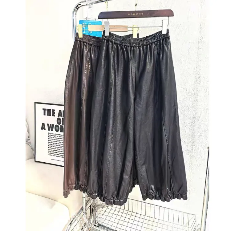 新绵羊皮全植鞣皮花苞裤木耳边休闲灯笼裤松紧腰真皮皮裤女网红