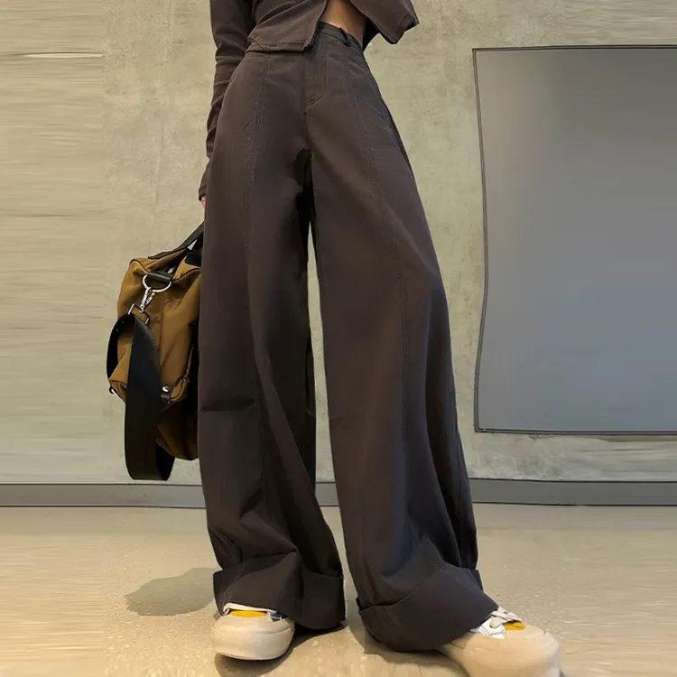 拉夏贝尔美式复古时尚水洗直筒休闲裤女2025初秋新款显瘦阔腿裤子