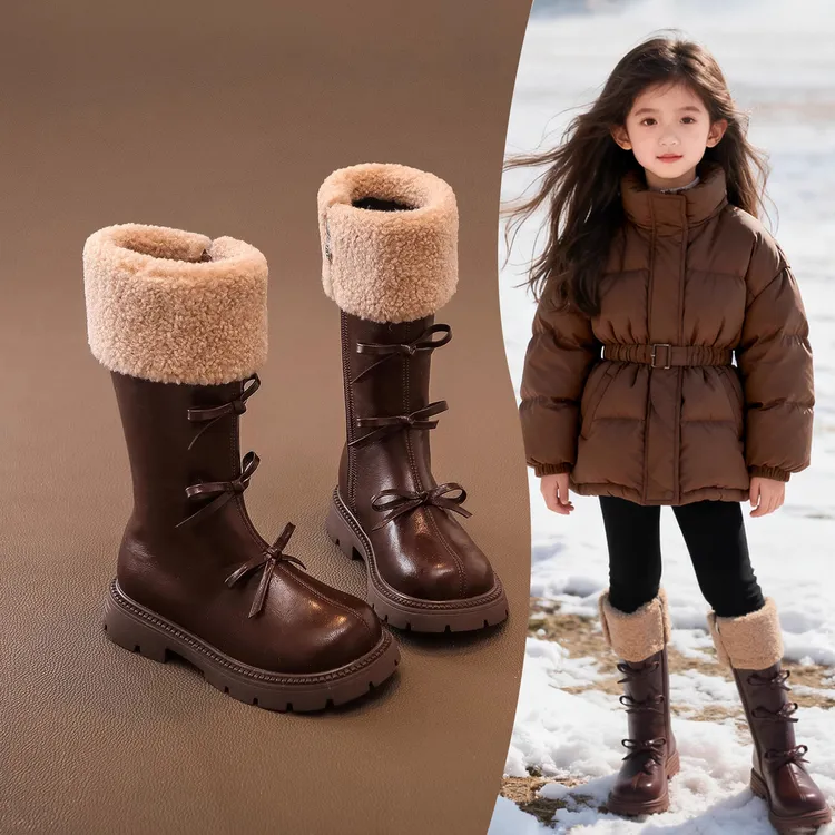 女童高筒靴美拉德风加绒长筒靴女宝秋冬蝴蝶结公主马丁毛绒口靴子