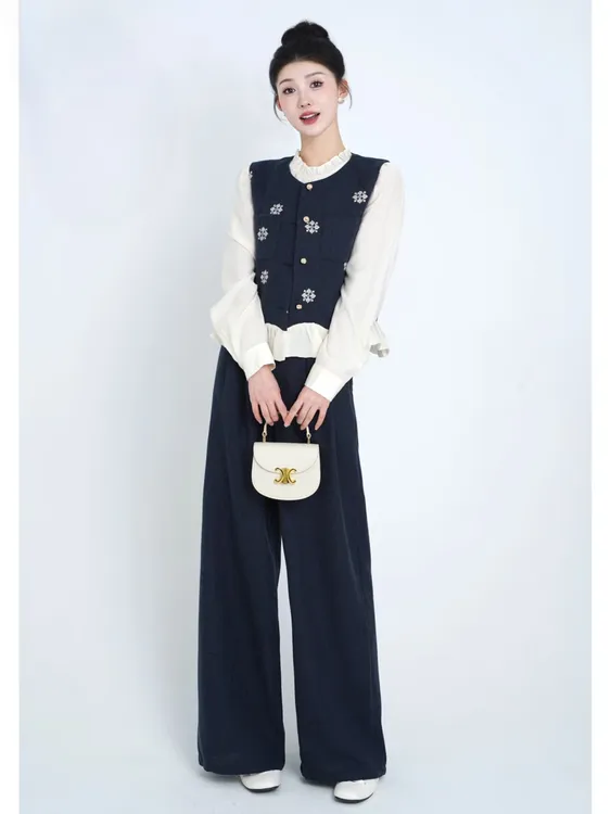 2025秋季休闲风藏青色百搭出游时尚显瘦减龄高级感阔腿裤套装1469