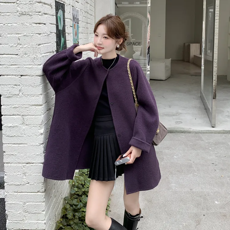 紫色圆领毛呢风衣厚外套2025新款女秋冬气质独特漂亮双面羊毛大衣