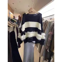 十三行女装秋冬新款仿狐狸毛毛条纹宽松圆领慵懒风套头毛衣针织衫