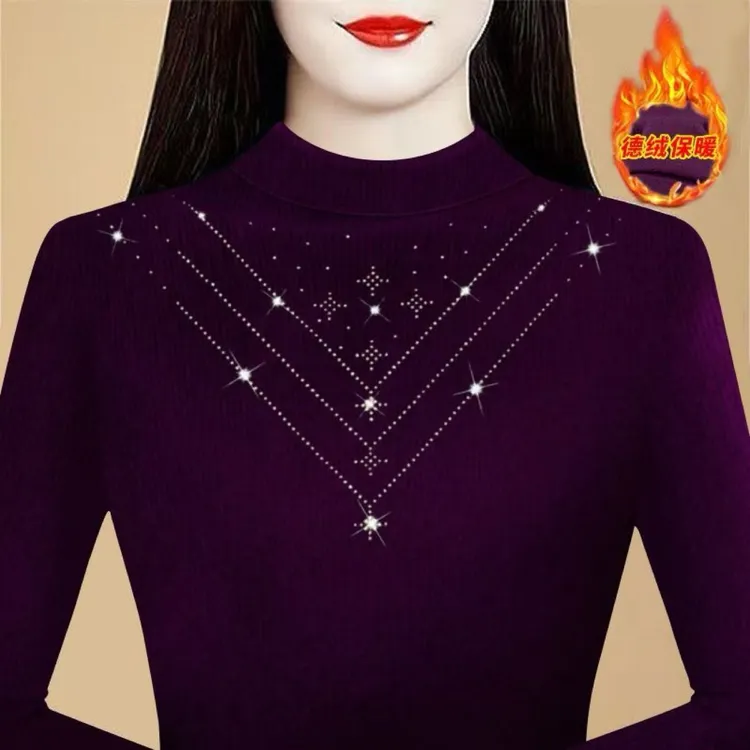 新款2025德绒保暖打底长袖秋冬季洋气时尚高级复古烫钻小衫上衣