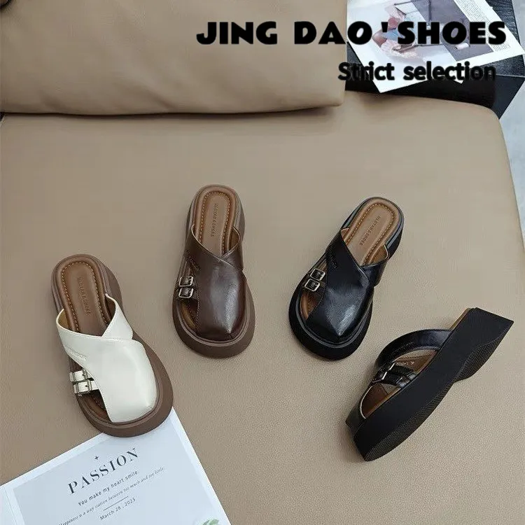 法式晚风拖鞋女夏外穿2025新款韩版复古气质休闲懒人厚底增高凉拖