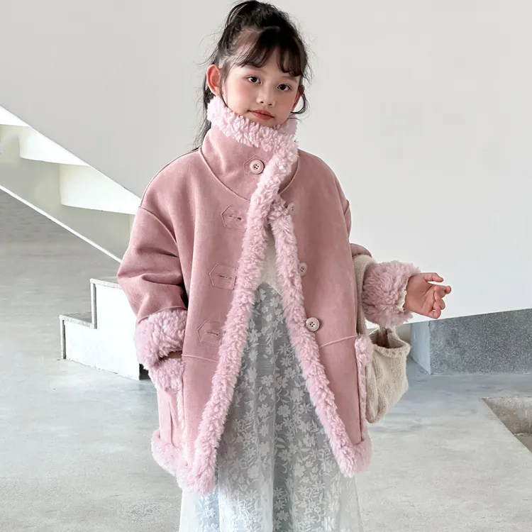 儿童复合一体外套冬季仿羊羔毛立领保暖厚实机车服男女童装仿皮草