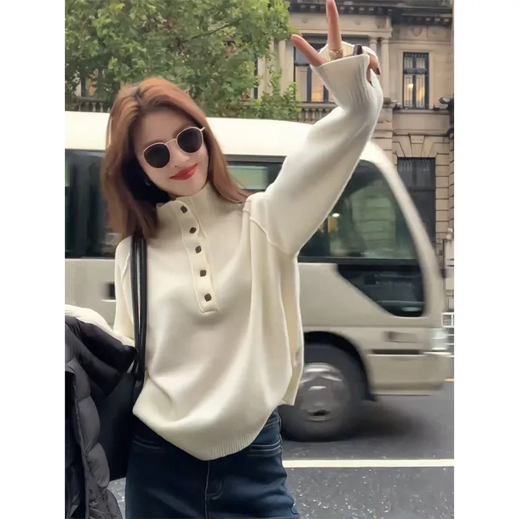 半开扣毛衣女士秋冬季新款韩系穿搭时尚百搭半高领针织打底衫上衣