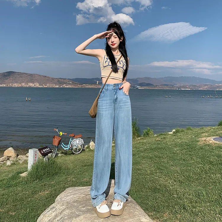 浅色莱赛尔天丝牛仔裤女2025夏日薄款小个子窄版凉感直筒阔腿裤子