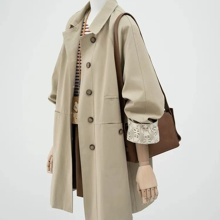 韩系蕾丝拼接风衣外套女2025春秋季新款超好看中长款宽松休闲大衣