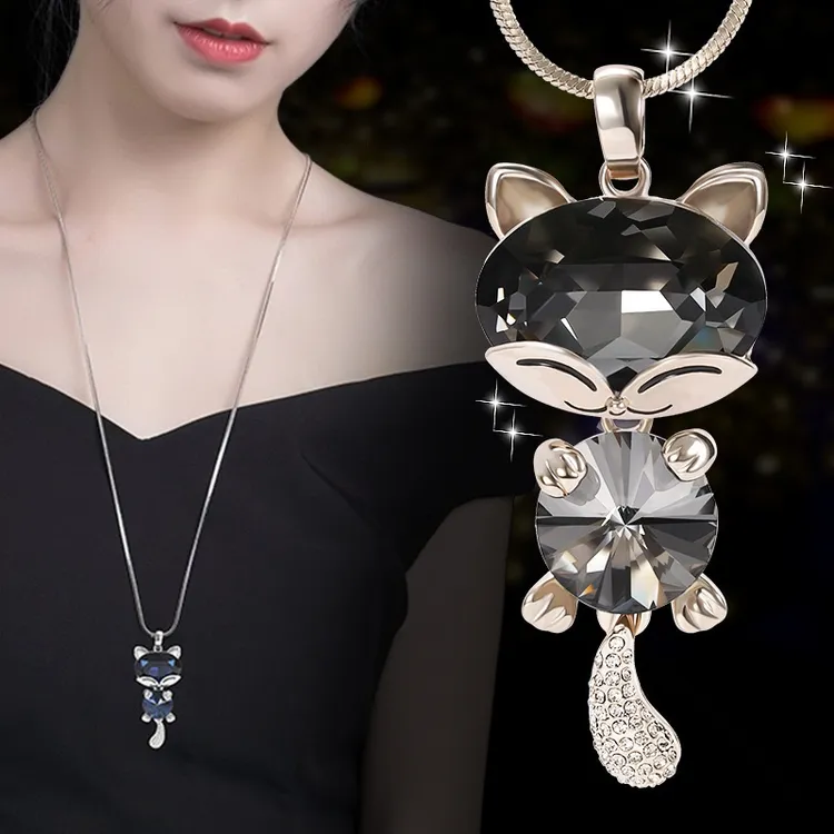 铜项链 韩版百搭长款项链高档女简约时尚小猫咪水晶吊坠ins毛衣链