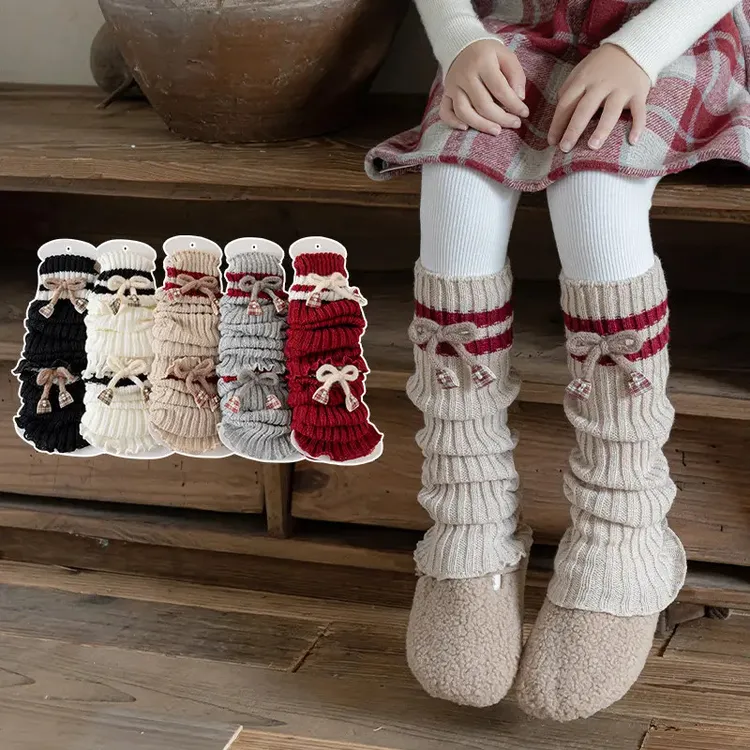 秋冬季儿童袜套女童韩系蝴蝶结小腿堆堆袜洛丽塔针织保暖中筒袜子