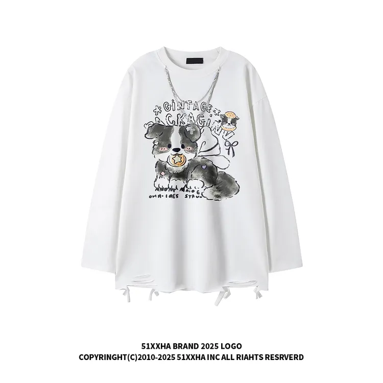 51嘻哈潮牌卡通印花项链装饰袢破洞白色T恤男女美式高街长袖体恤