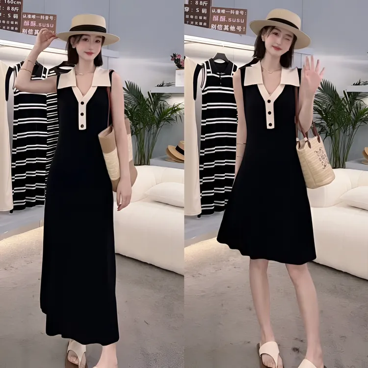 气质黑色拼色吊带连衣裙女2025春夏季新款高级感修身长款背心裙子