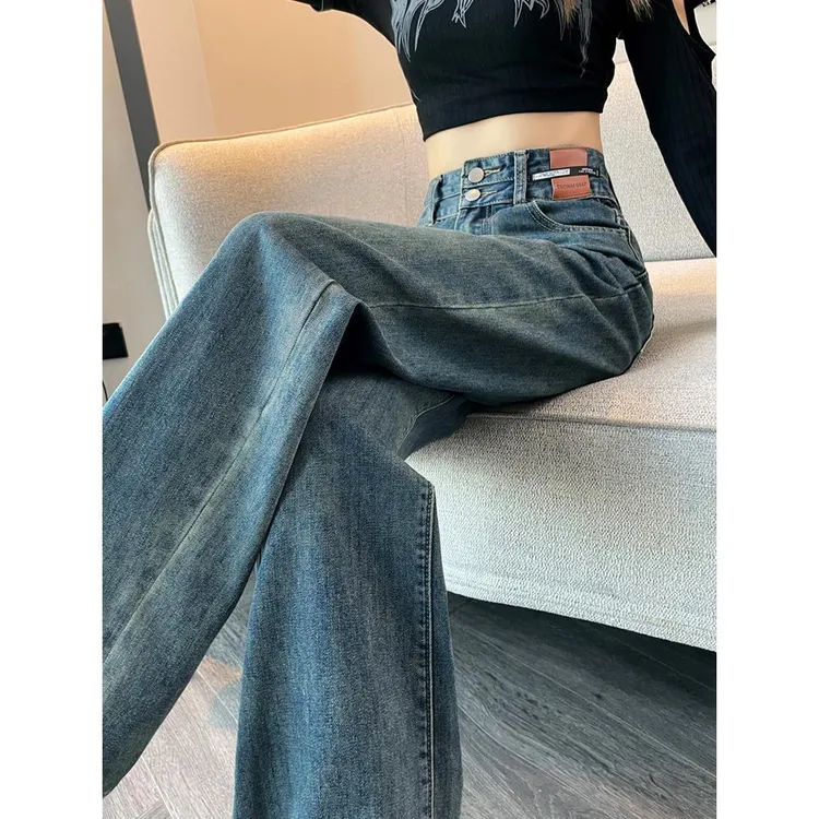 高腰阔腿牛仔裤女早春2024年新款爆款小个子美式窄版加绒直筒裤子