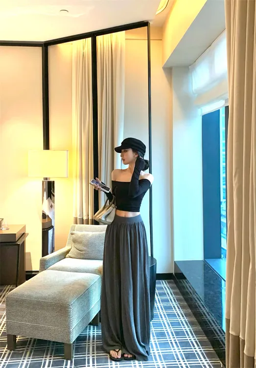 复古气质设计感显瘦辣妹长袖T恤上衣针织宽松裤子套装8230#黑色
