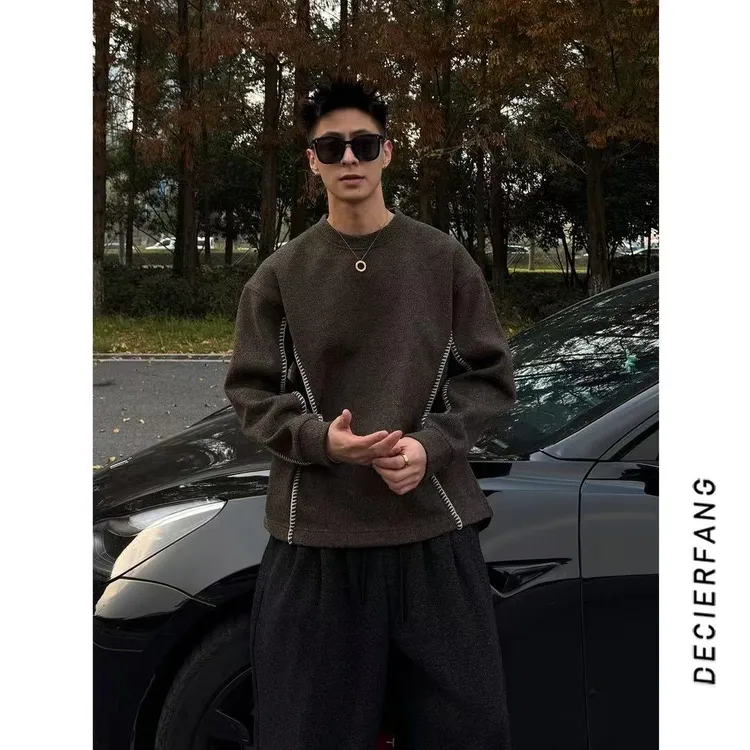 定制撞色混纺编织花边加绒加厚男士卫衣冬季上衣潮流圆领套头上衣