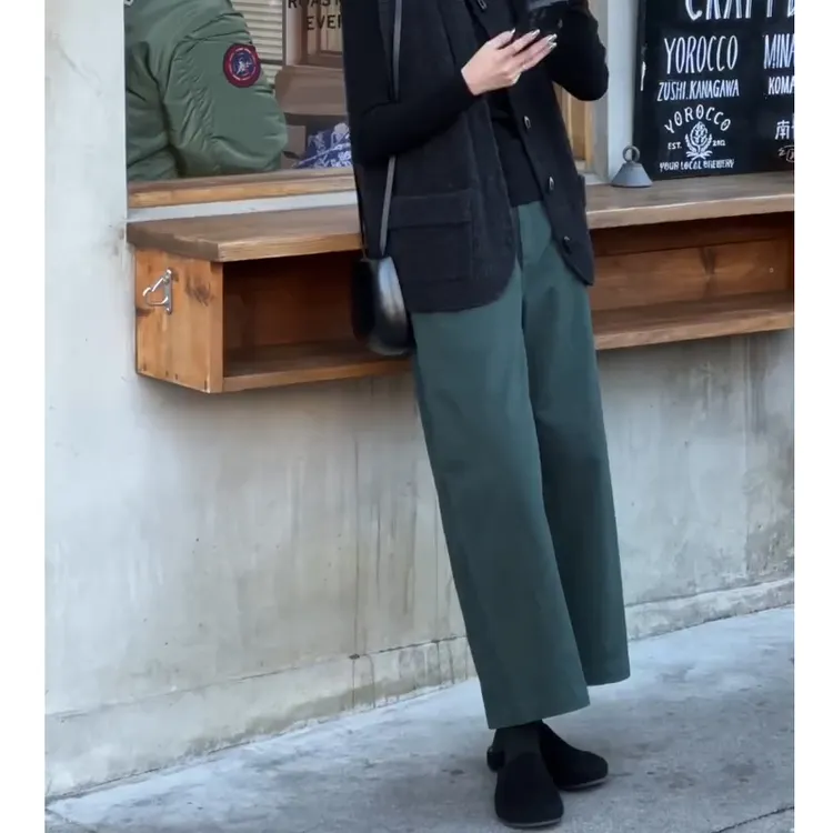 墨绿色老钱风休闲裤女早秋新款大码胖mm高腰显瘦慵懒风直筒阔腿裤