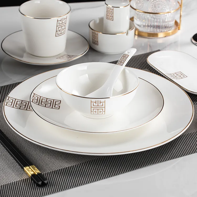 中式素雅时尚酒店碗碟简约耐磨金边餐具饭店会所轻奢盘碗骨瓷高档