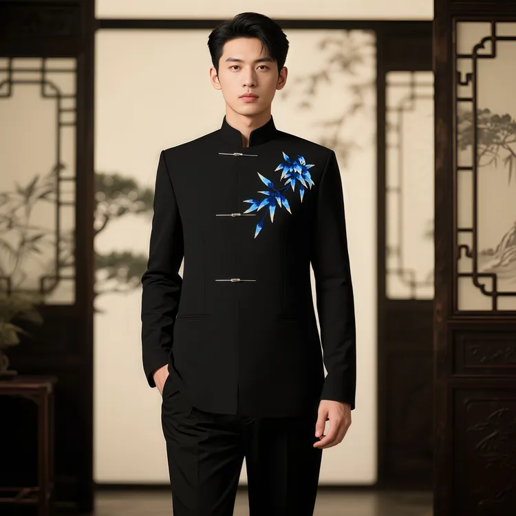 新中式中山装立领绣花明国风纯色正装中老年主持人歌手服装中国风