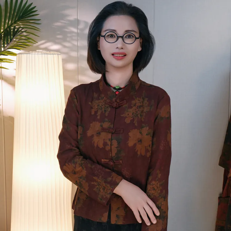 双层纱印花立领盘扣长袖修身早秋款中式上衣优雅妈妈装2477