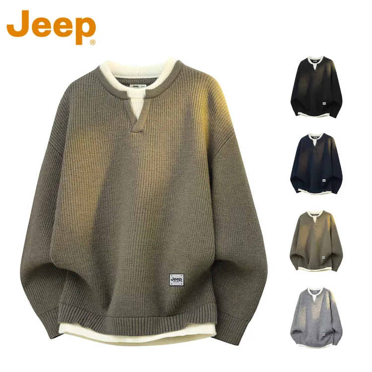 JEEP吉普美式潮牌假两件毛衣男款秋冬新款宽松休闲百搭针织衫上衣