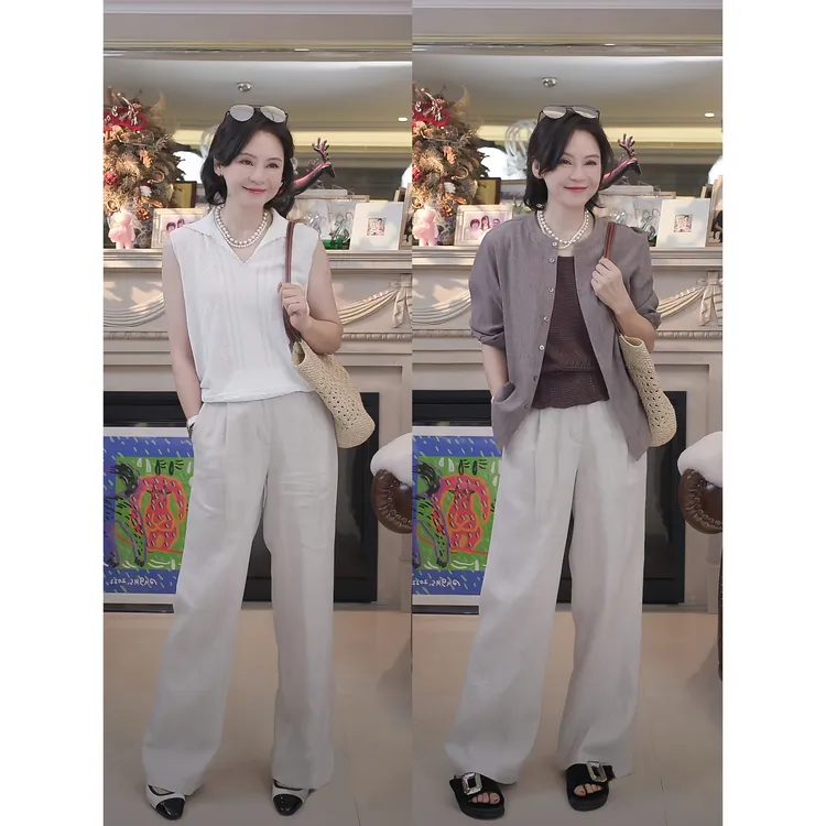 我是摩羯 雨露麻裤子 法国进口亚麻后松紧腰休闲百搭阔腿裤