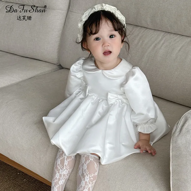 韩系女童春秋白色森系连衣裙早秋童装女宝长袖小新捏褶花边长裙