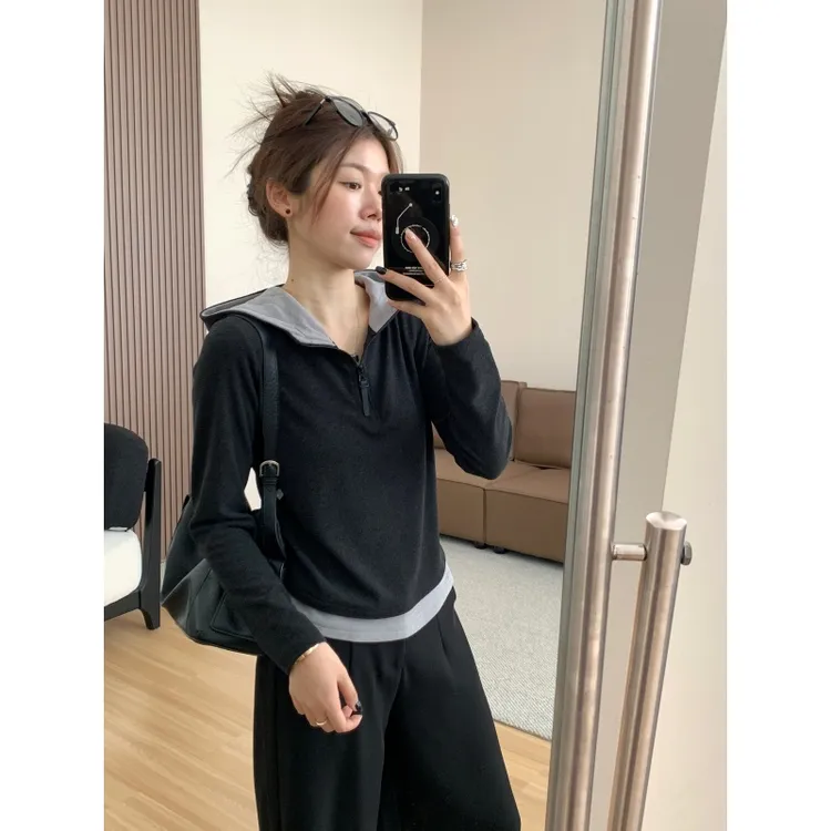 【JMHH】设计感假两件连帽套头卫衣女春秋宽松显瘦休闲长袖上衣