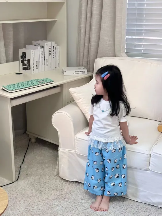 《小思家》女童2025夏季新款韩版休闲拼接短袖T恤卡通猫休闲裤套装