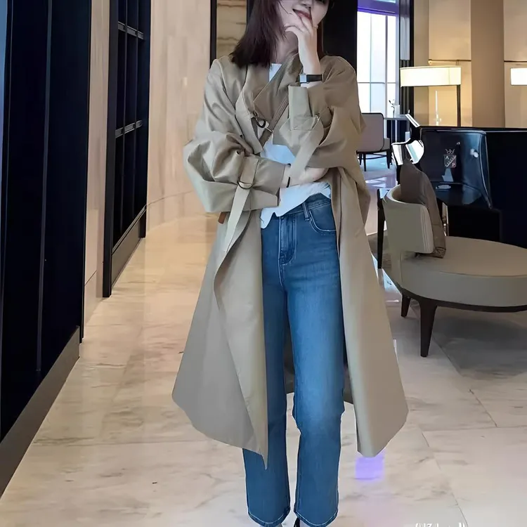 2025年春秋新款卡其色风衣外套女小个子休闲宽松中长款英伦风外套