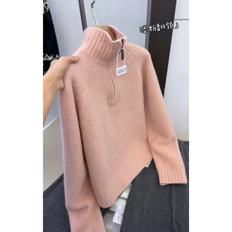 2025秋季新款韩系翻领长袖重磅纯色设计感针织毛衣上衣女慵懒风