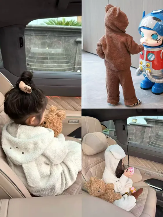 女童2025秋冬新款韩版半边绒小熊连帽上衣纯色裤子家居服套装