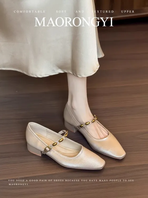 爆款复古一字式扣带方头软底软皮粗跟单鞋玛丽珍女鞋高跟鞋外穿