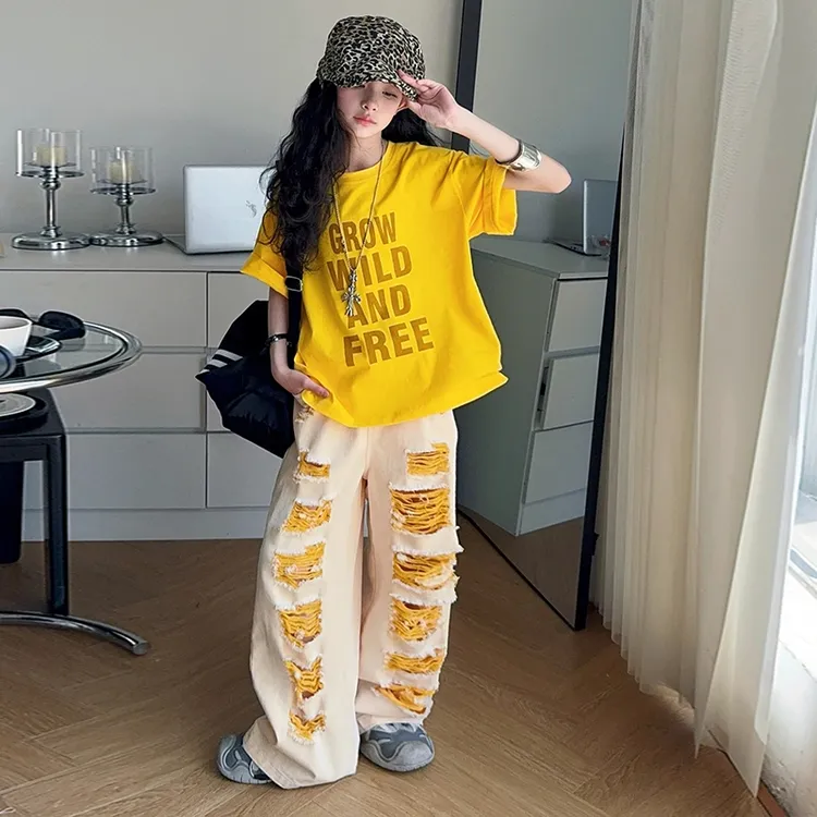 女童夏季多巴胺字母短袖上衣破洞牛仔裤子两件套装2025潮显瘦阔腿