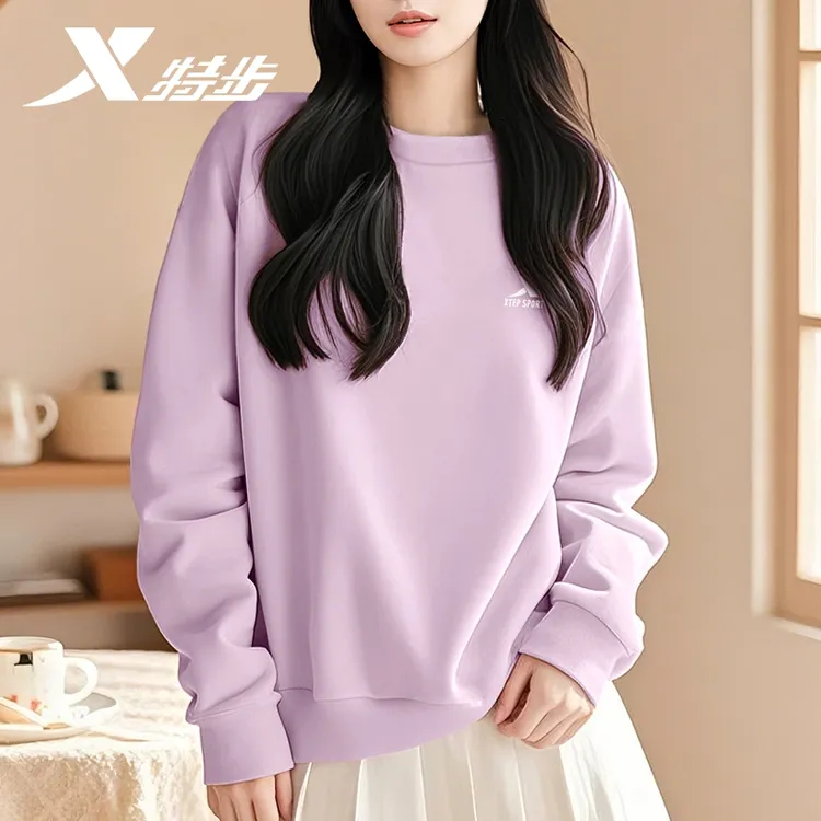特步卫衣女纯色2025新款秋季学生圆领无帽套头正品休闲运动服长袖