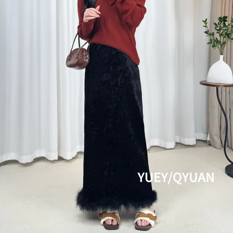 高级感丝绒开叉半身裙女显瘦高腰遮胯下摆毛毛边半裙直筒裙秋冬