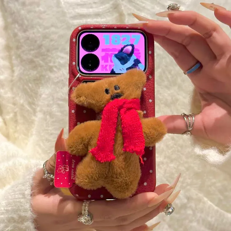 GGBond毛绒泰迪熊标签适用苹果17皮纹16手机壳小米15vivo华为oppo