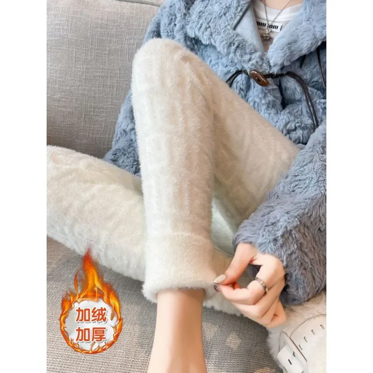 白色加绒字母提花针织打底裤女冬季水貂绒高腰弹力紧身保暖秋裤潮