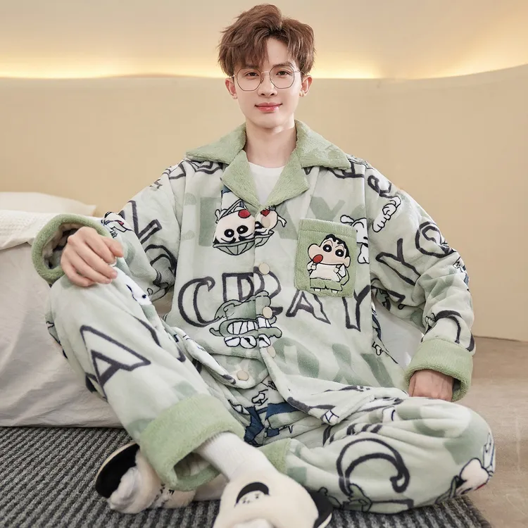 珊瑚绒睡衣男士冬季加绒加厚男款大码法兰绒冬款可外出家居服套装