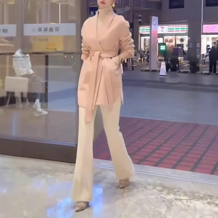 241227时尚气质潮流24新款高级感女神范系带呢子外套直筒阔腿裤女