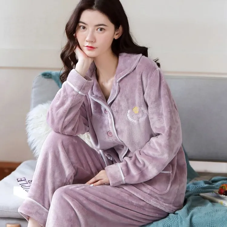 秋冬季新款珊瑚绒睡衣女套装加厚加绒长袖保暖法兰绒家居服套装
