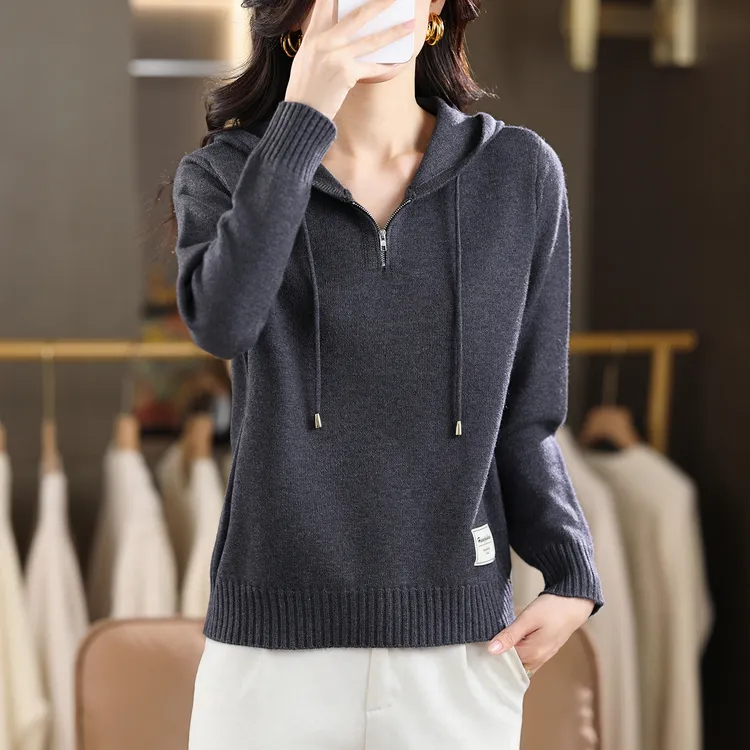 连帽针织轻职风厚款拼接纯色毛衣宽松显瘦上衣秋冬新款套头羊毛衫