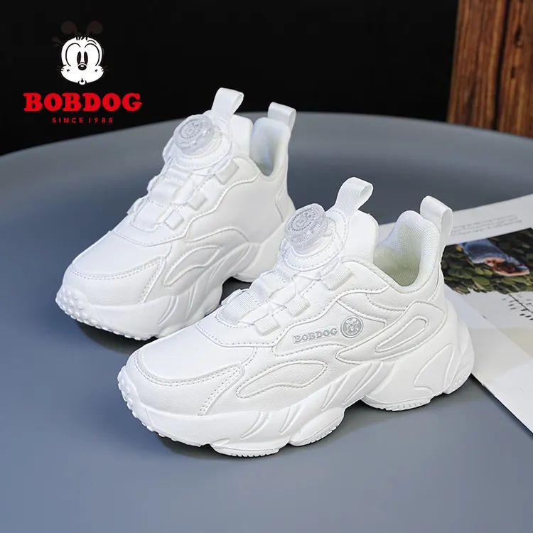 Bobdog/巴布豆儿童小白鞋男童白色运动鞋2025新款学生纽扣女童鞋