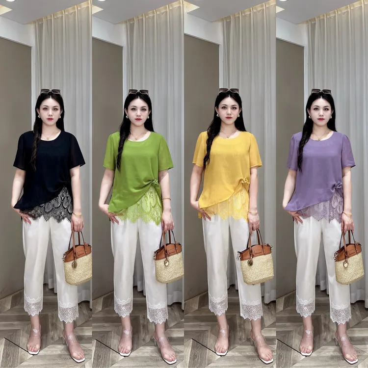 【上新现货上衣】PDM22224夏季新款显瘦蕾丝拼接大码女装百搭设计感