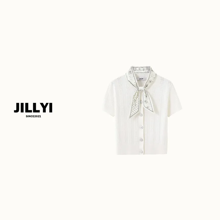 jillyi【洁白雪山】白色夏季百搭甜美风薄款短袖时尚气质针织衫