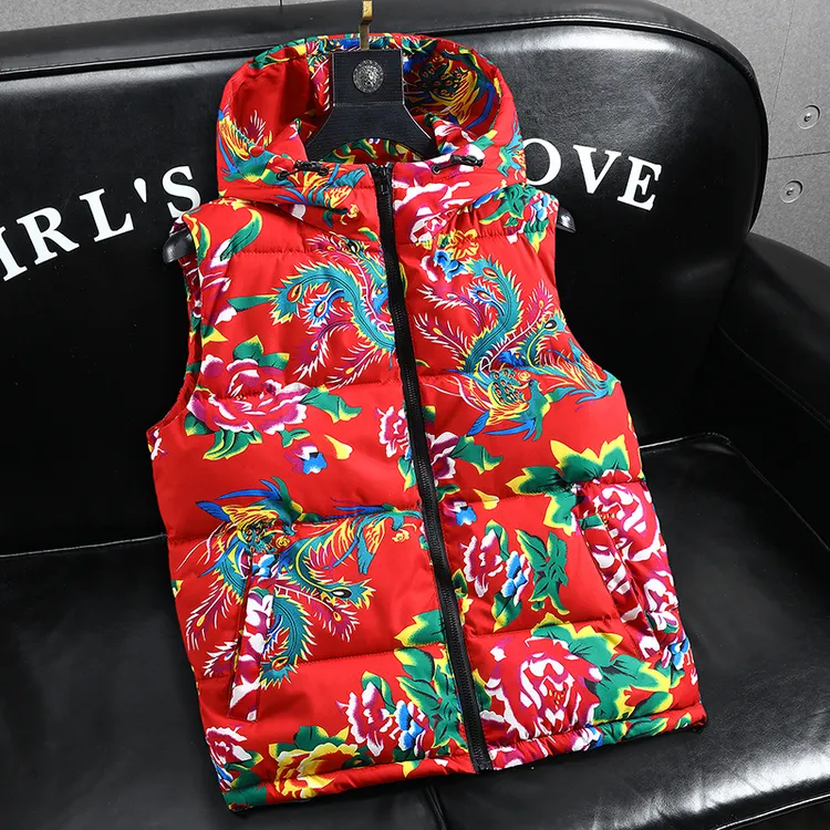 复古风马甲男女同款东北大花连帽棉坎肩秋冬季加厚时尚潮流棉背心