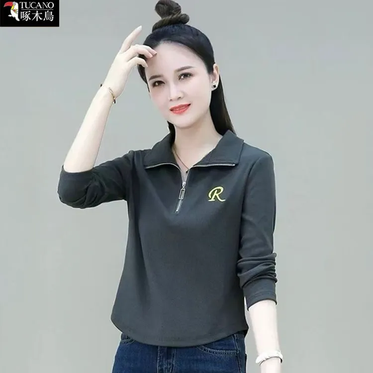 啄木鸟秋季长袖女半拉链翻领打底T恤2025年新款修身显瘦刺绣上衣